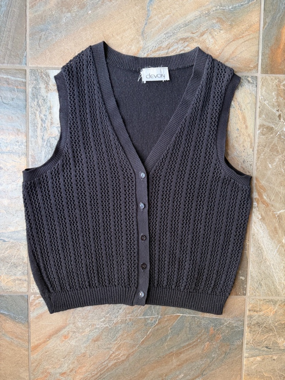 Devon Black Crochet Knit Sweater Vest Button Front Open Stitch Pointelle Large L
